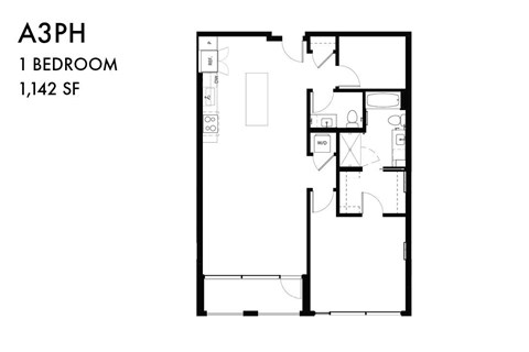 A black and white image of a floor plan for a 1 bedroom apartment.